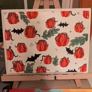 Hand-Painted Pumpkin and Bat Sign - Wood - Can be customized